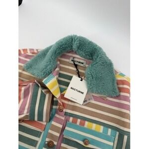 Nocturne Striped Jacket Multi Color Button Front Detachable Fur‎ Collar 2XL NEW